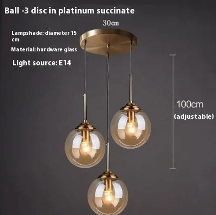 Nordic style modern round glass ball chandelier in clear, amber, smoke grey or platinum glass for living and dining rooms