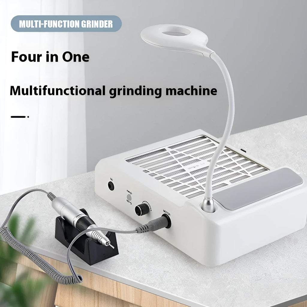 White four-in-one nail polishing machine with vacuum cleaner system for home and salon use