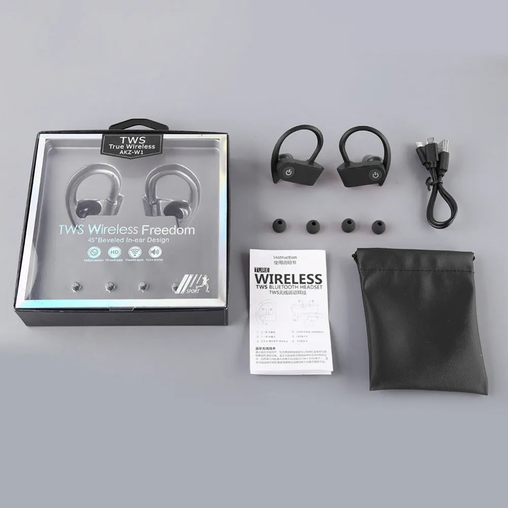 Black wireless Bluetooth 5.0 stereo earphone with ergonomic design for hands-free calling.