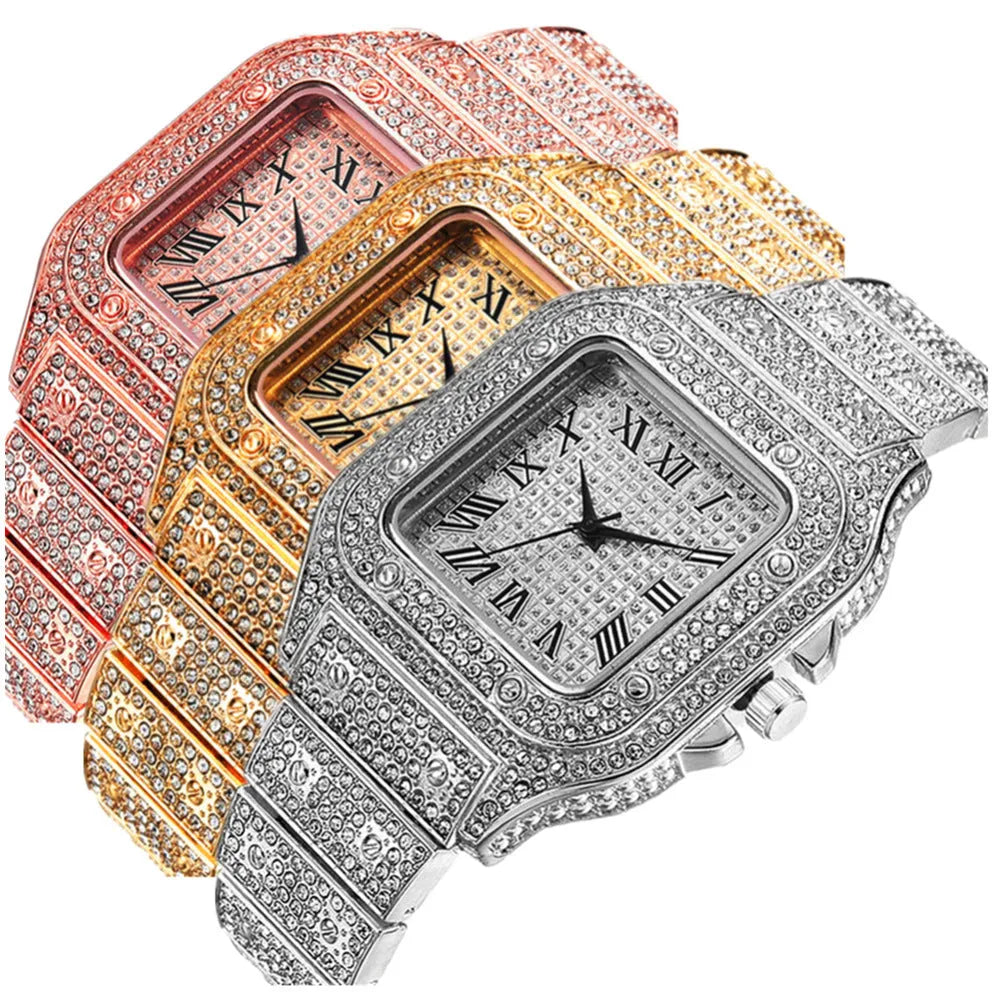 Roman numeral quartz watch set of three pieces with black mesh bands and square dials