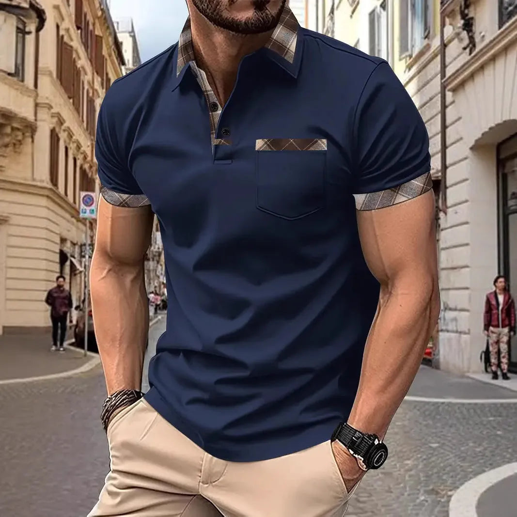Men's plaid colourblock t-shirt with short sleeves and zipper decoration details