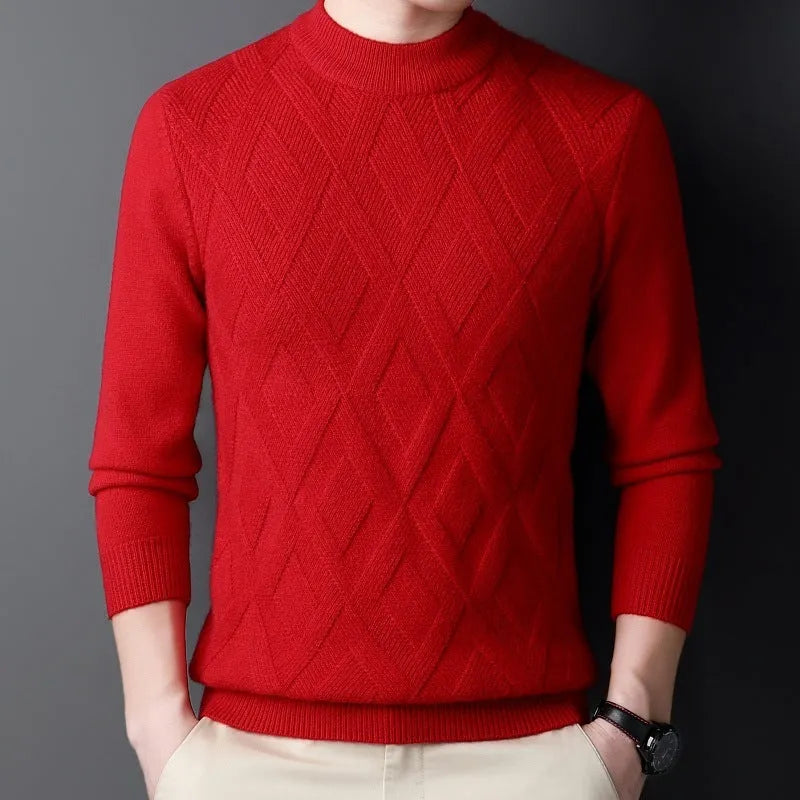 Men's thicken thermal diamond jacquard pullover sweater in light camel colour