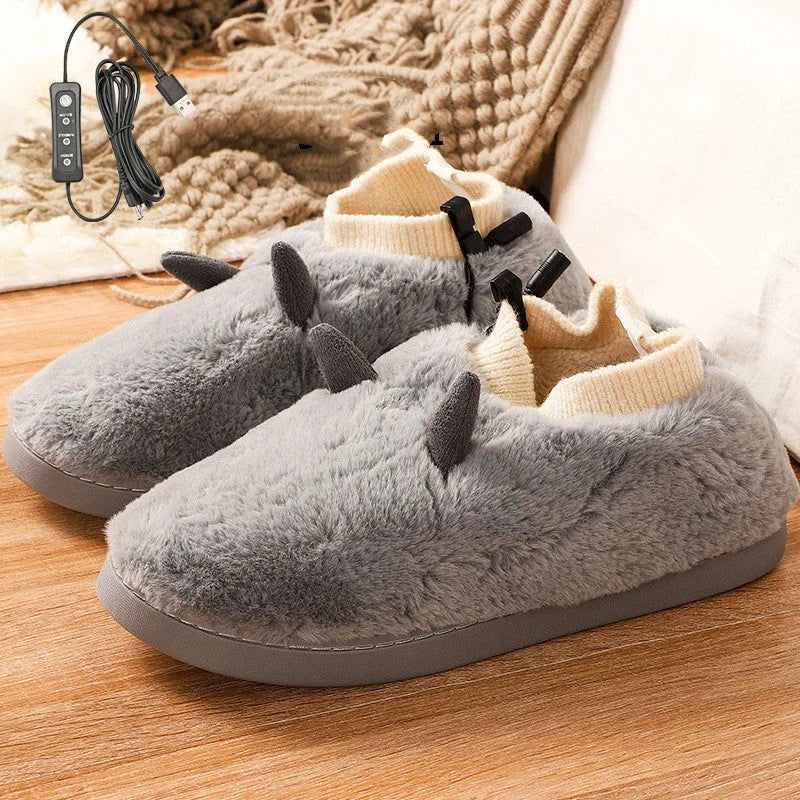 Plush velvet USB heating slippers with a USB cable and power converter, shown in taro purple colour.