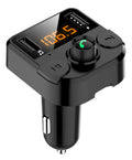 Black BT36B car Bluetooth MP3 player with 1.1-inch screen, plugged into a cigarette lighter.