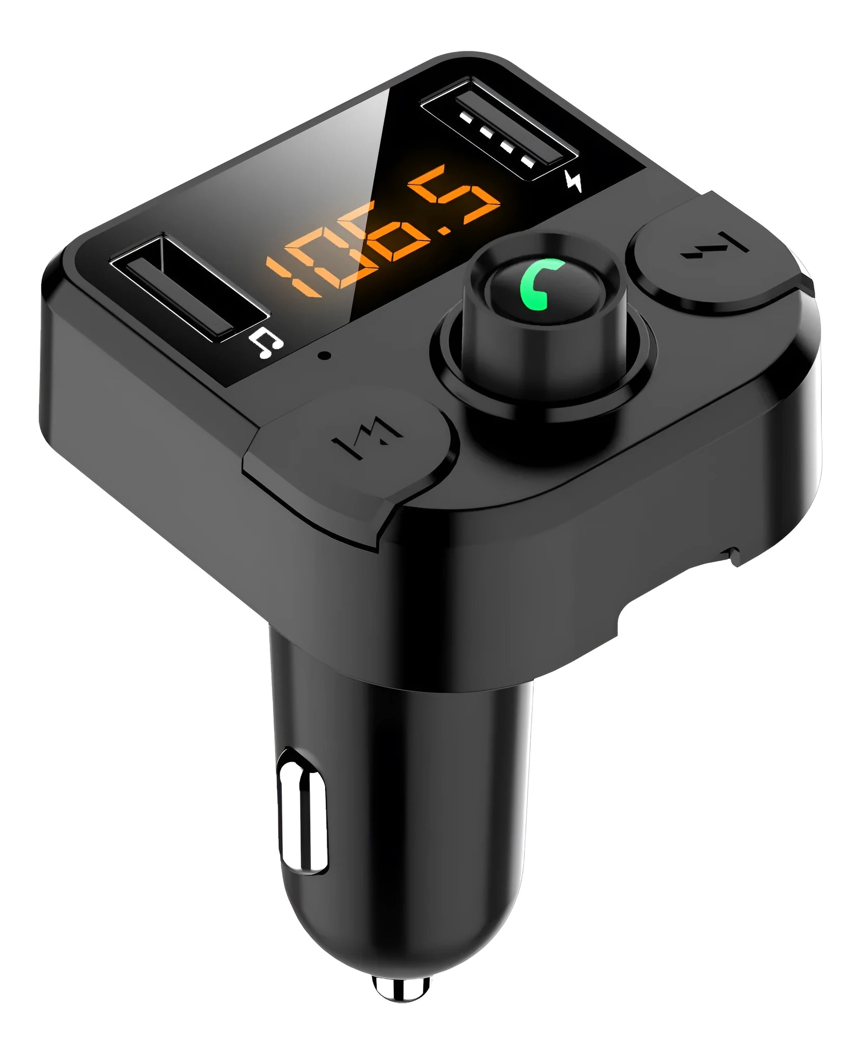 Black BT36B car Bluetooth MP3 player with 1.1-inch screen, plugged into a cigarette lighter.