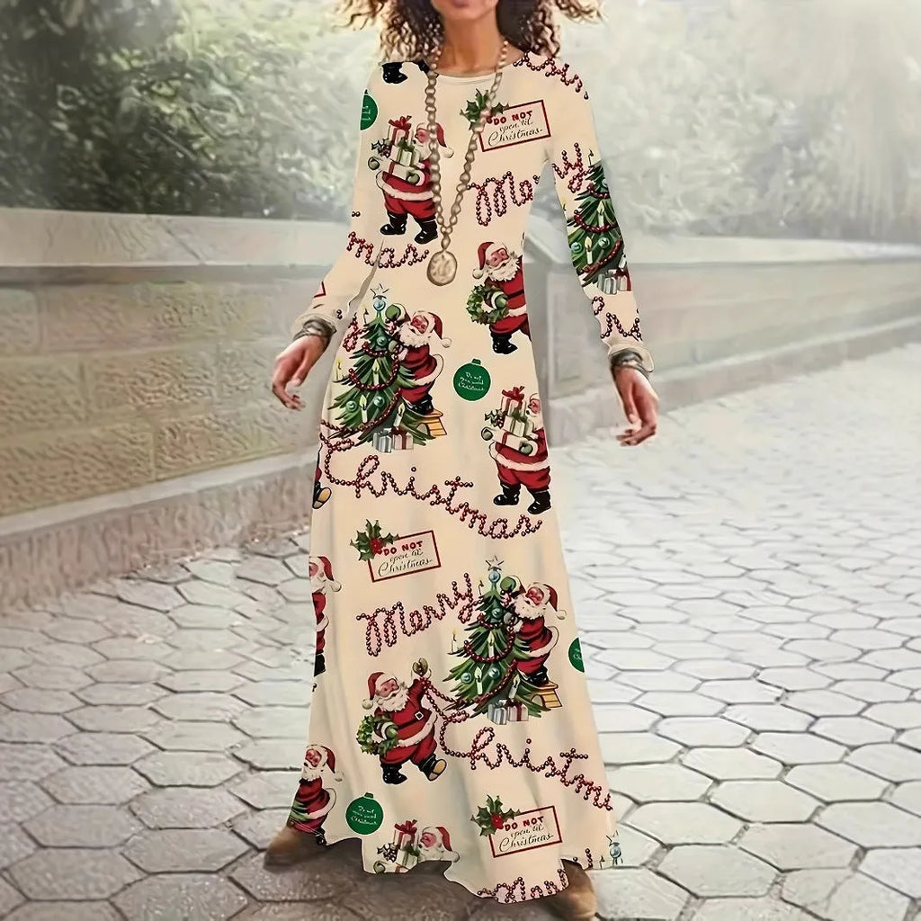 Santa Claus printed long sleeve round neck polyester dress in beige with mid waist and leather stitching
