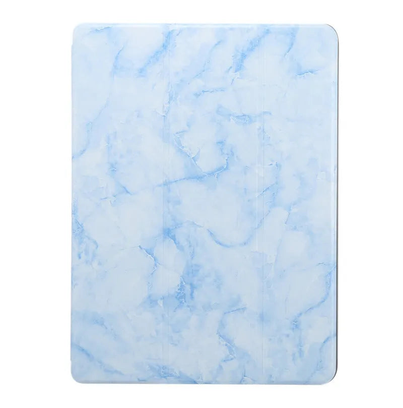 Tri-fold marbling design iPad case with pen slot in dark grey colour showing protective features