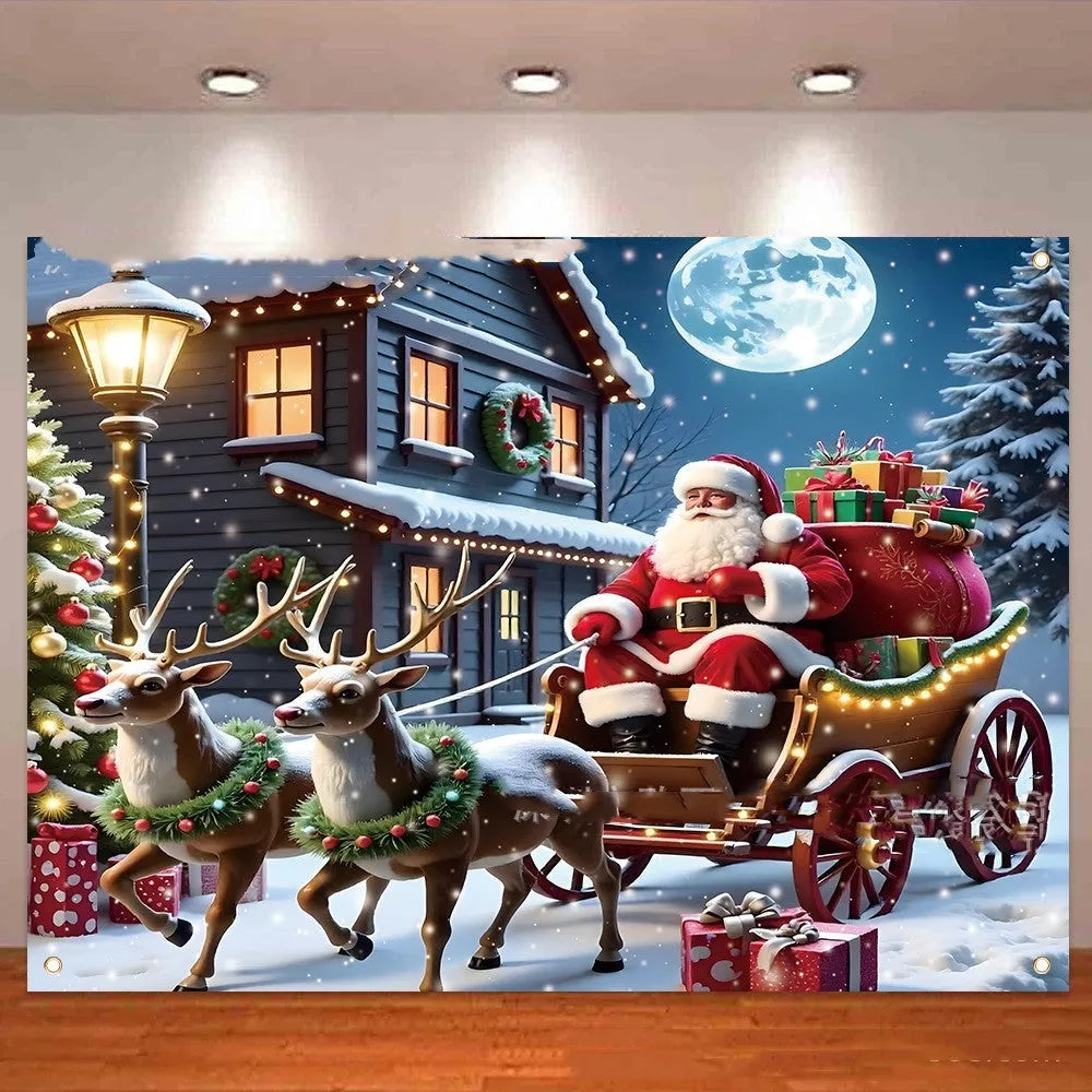 Large red and white Santa Claus Christmas banner with gift design, measuring 210cm wide by 150cm high.