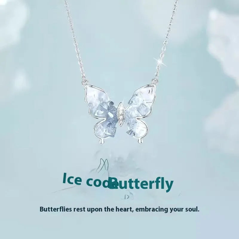 Silver butterfly necklace with adjustable O-ring chain showing ice rain butterfly pendant on S925 silver