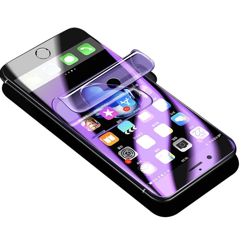 Curved hydraulic phone screen protector for Samsung Galaxy S series phones on a purple light background.