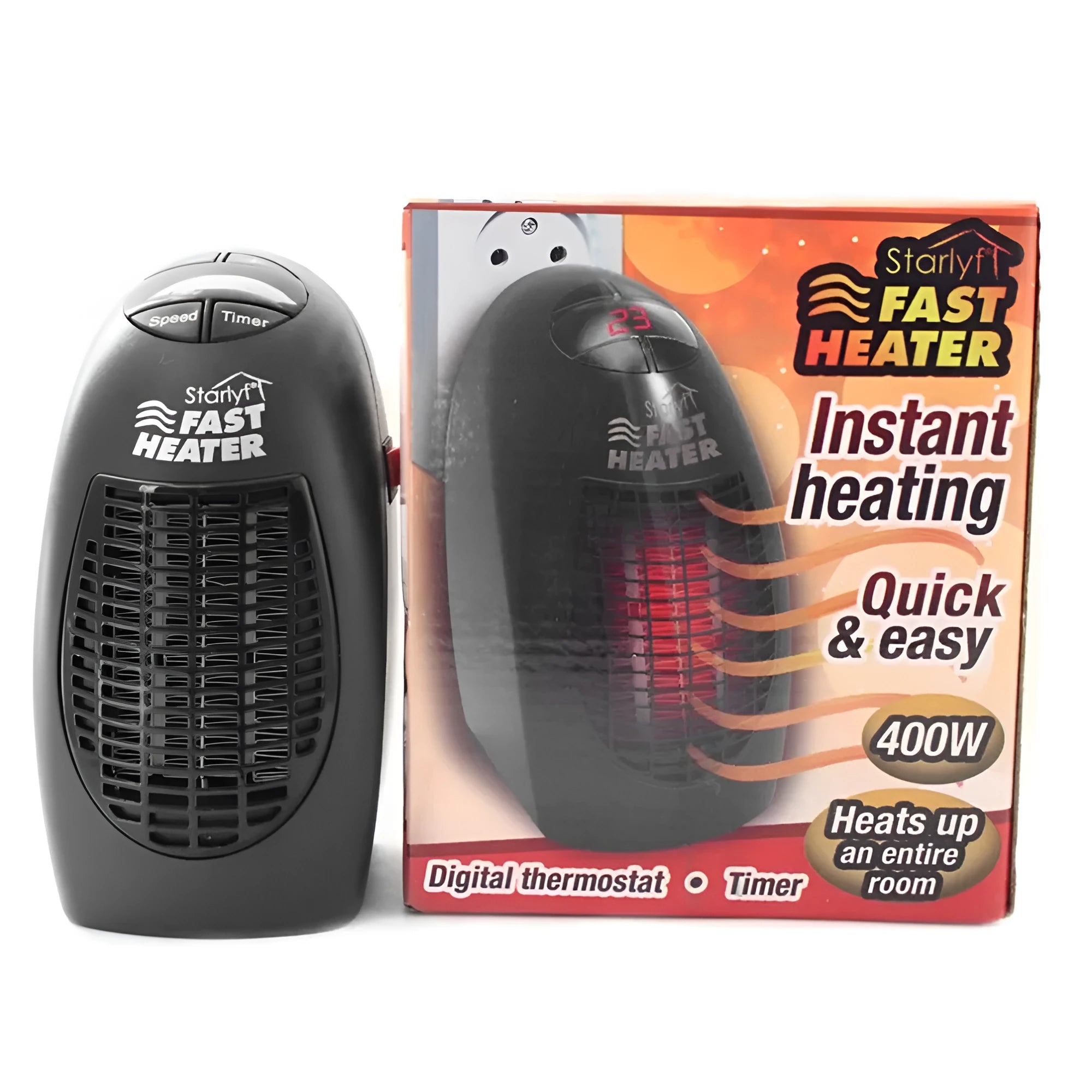 Black compact ceramic electric heater with digital display and rotating three-prong plug
