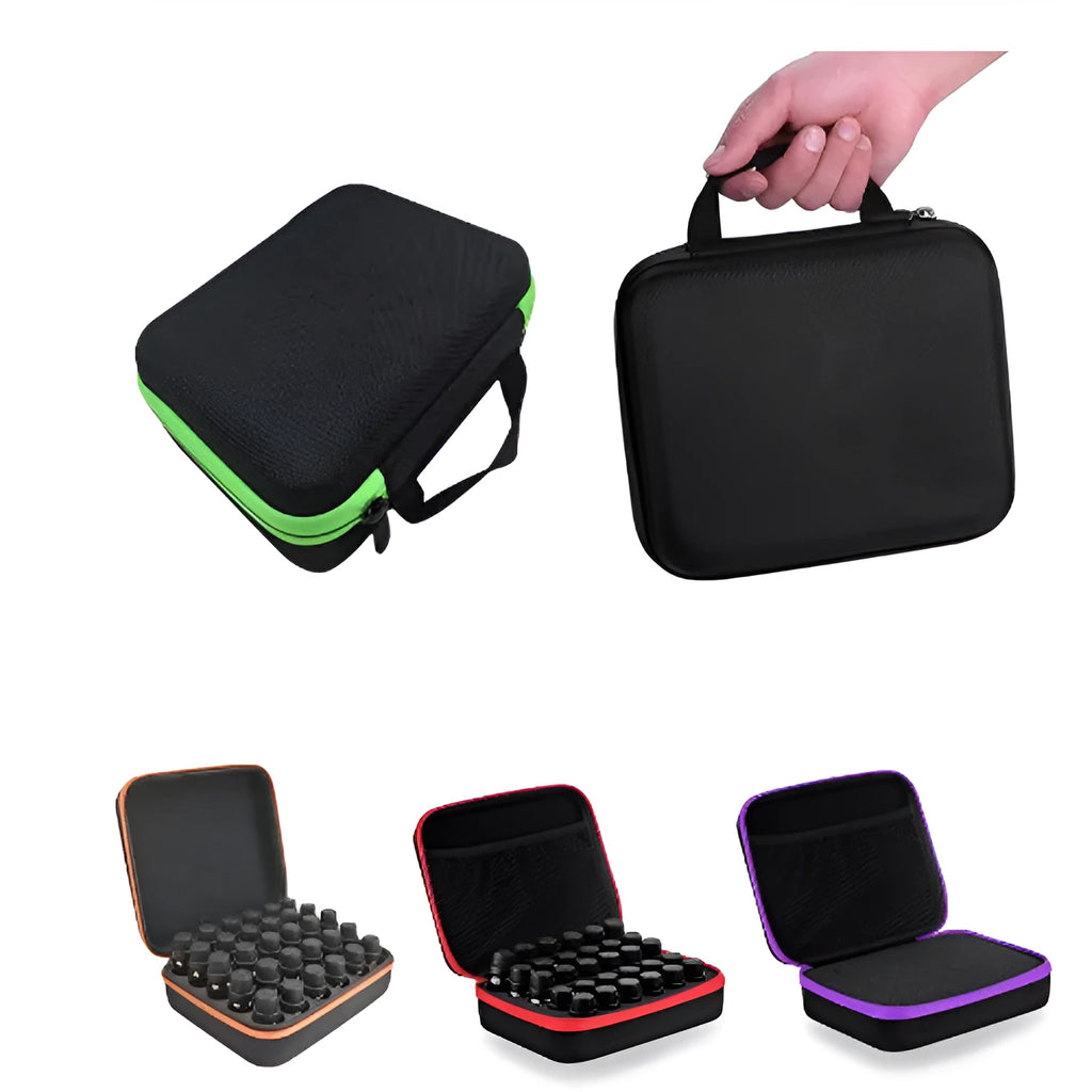Red EVA essential oil storage bag with 30 compartments for 15ml bottles, shown with zipper closed