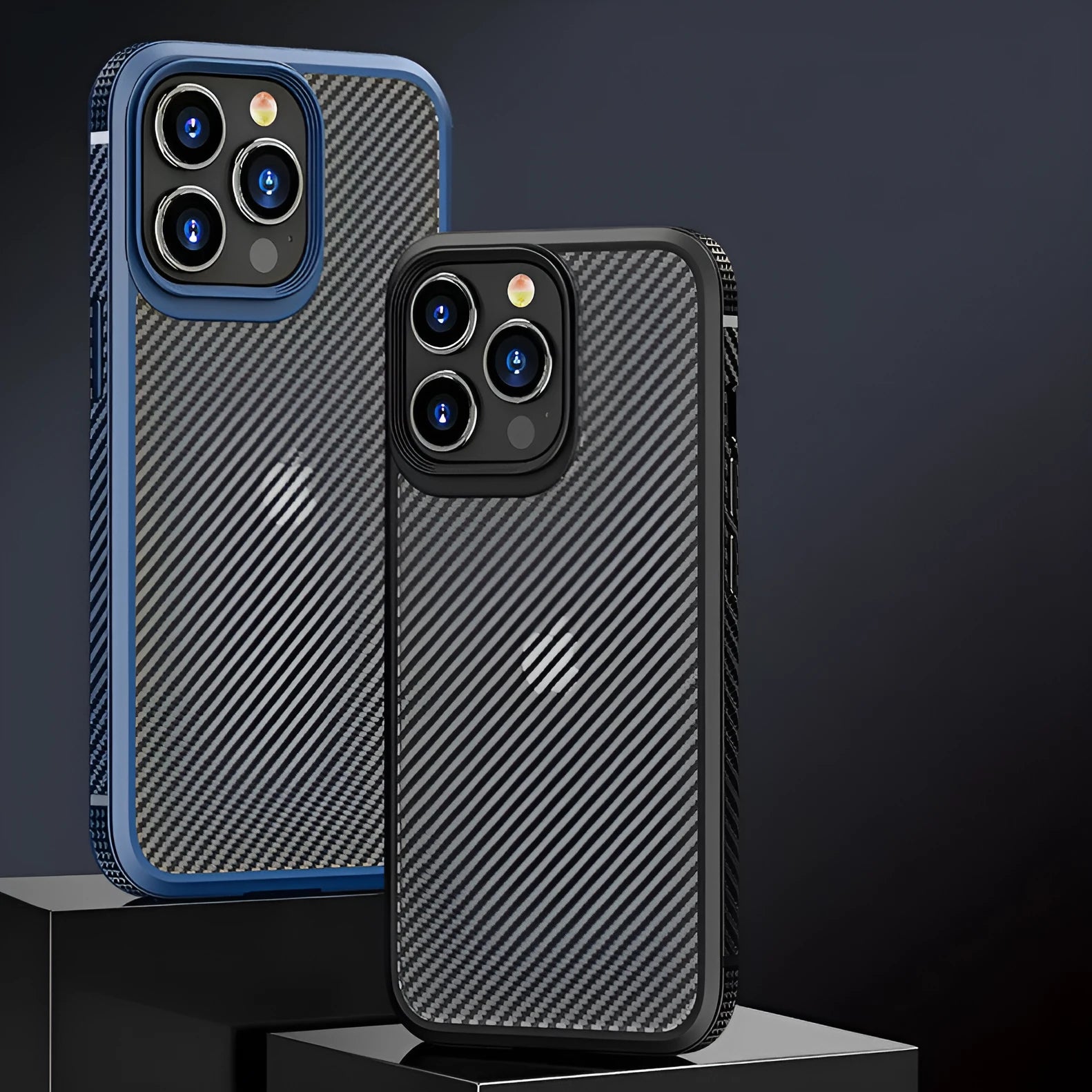 Black and blue iPhone 13 series protective phone cases with a carbon fibre pattern texture.