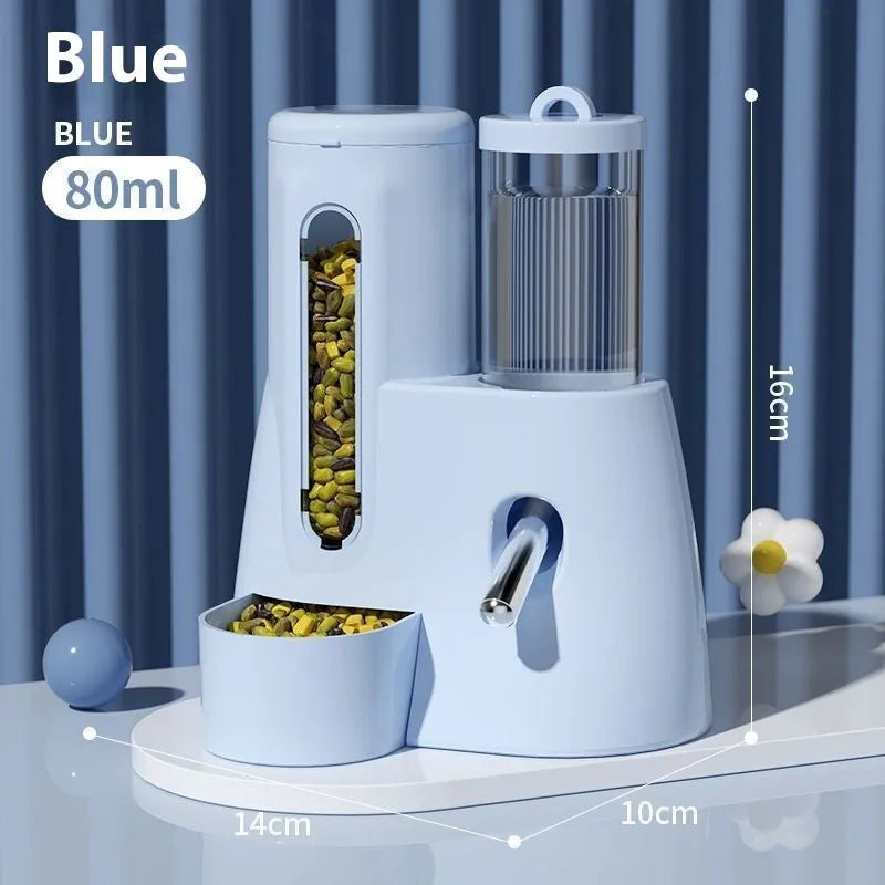 Blue hamster automatic drinking water feeder and food basin on a white background.