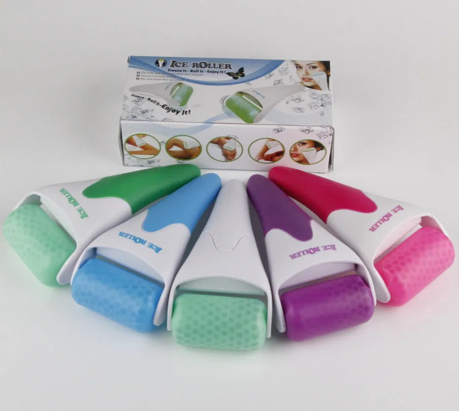 Plastic ice roller face roller in blue with removable head on white background