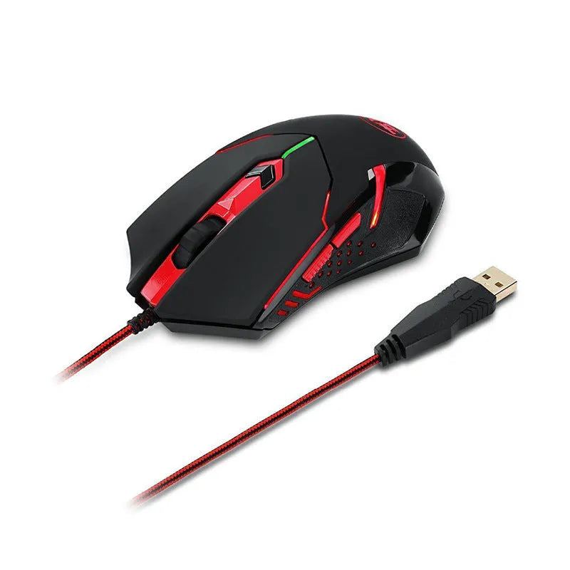 Black and red ergonomic USB wired gaming mouse with six buttons on a desk.