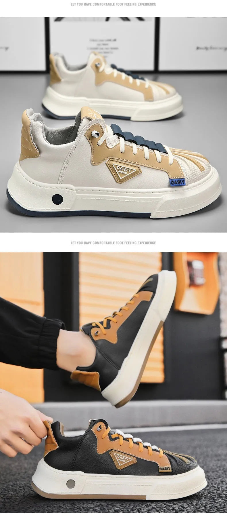Men's beige low-top casual sneakers with elastic band and round toe, showing leather stitching detail.