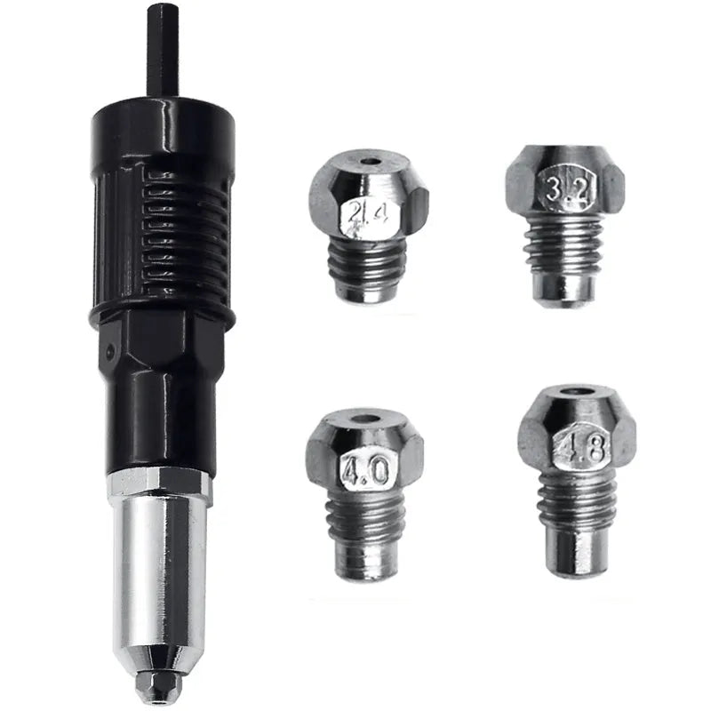 Black metal electric drill rivet gun with handle, wrench, and multiple rivet heads for industrial applications