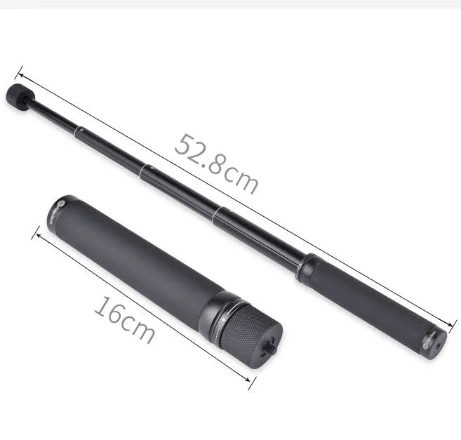 Black retractable aluminium selfie stick extended to 45 cm with a smartphone mounted.