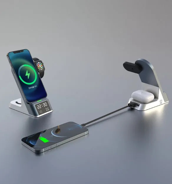 Black six-function wireless charging alarm clock with phone, watch and earphone charging outputs