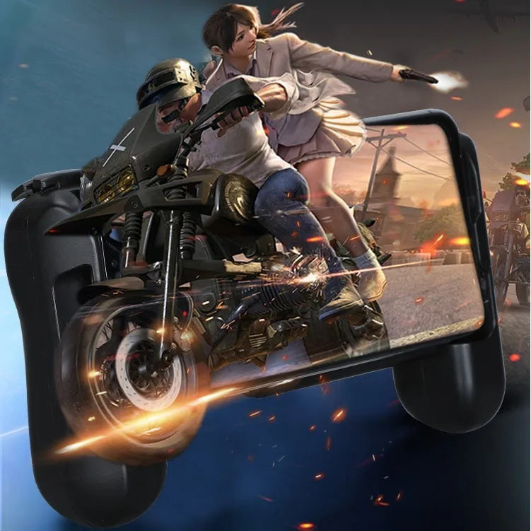 Black Cooling Bluetooth P2 game controller for iPhone on a dark surface.