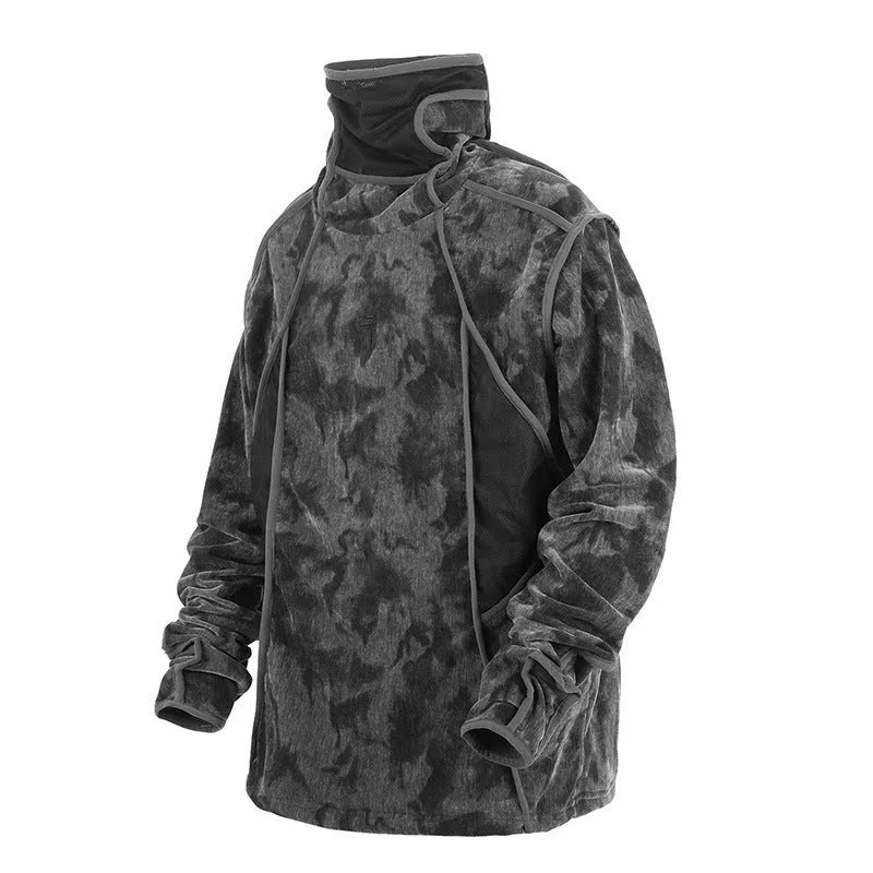 Men's loose tie dye turtleneck sweater with drop-shoulder long sleeves in black and grey polyester fabric