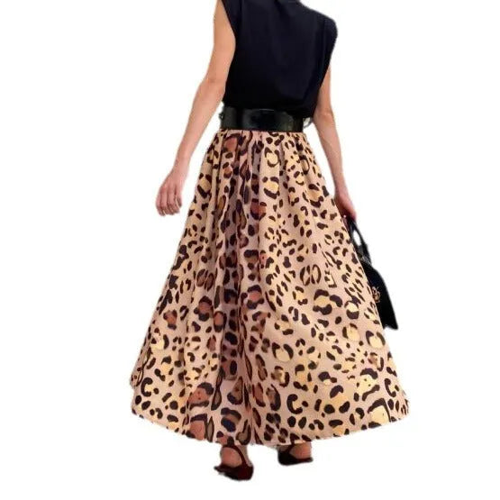 Brown leopard print women's A-line long skirt with big hem and structured polyester fabric
