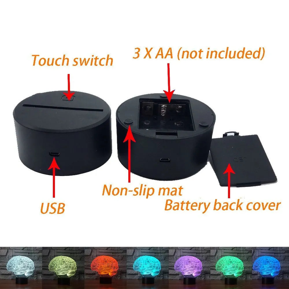 3D acrylic brain illusion LED desk lamp with remote control on a black ABS base