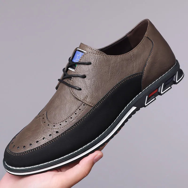 Men's black leather toe cap casual shoes with a fabric upper and rubber sole on a white background.