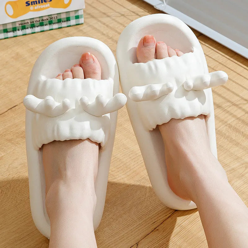 Women's deer horn pattern EVA flip flop slippers with hollow-out design in light yellow colour