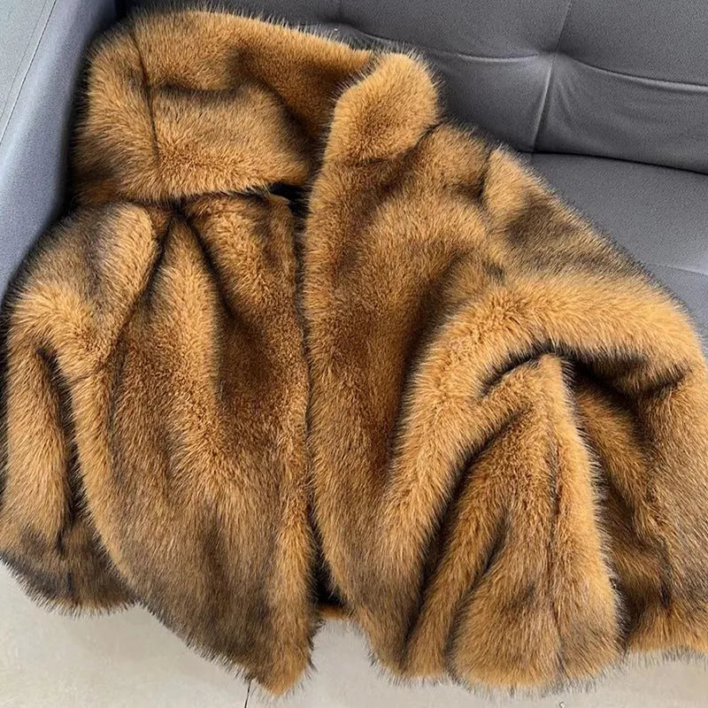 Women's silver grey artificial fur coat with loose fit and regular sleeves