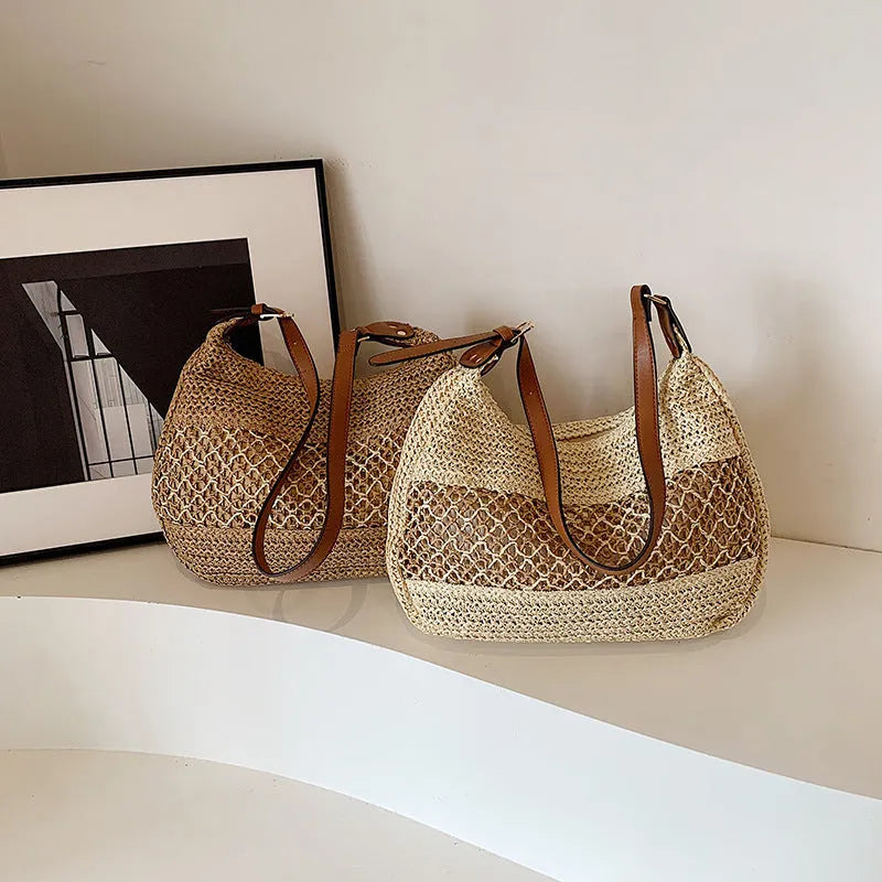 Women's khaki straw cross body bag with horizontal square shape and shoulder strap