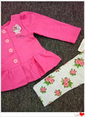 Spring Autumn Girls Pure Cotton Lady Suit Rose Red Floral Single-Breasted Top and Pants Set for Toddler 18M 24M Asian Size Casual Wear