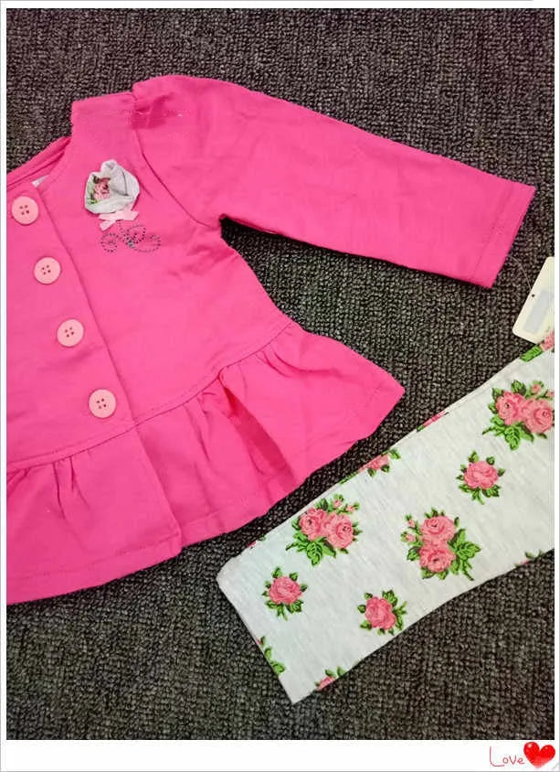 Spring Autumn Girls Pure Cotton Lady Suit Rose Red Floral Single-Breasted Top and Pants Set for Toddler 18M 24M Asian Size Casual Wear