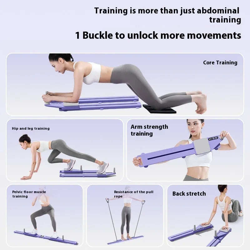 Compact purple split skiing machine trainer for home fitness on a wooden floor.