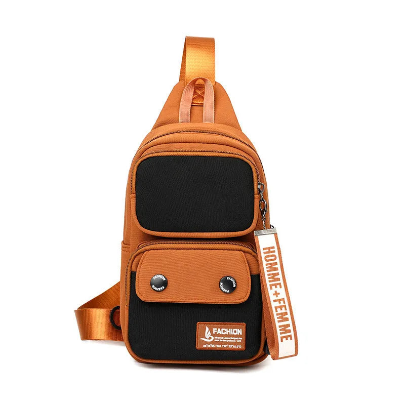 Black nylon crossbody shoulder bag with beige contrast stitching and multiple storage compartments