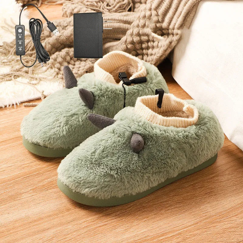 Plush velvet USB heating slippers with a USB cable and power converter, shown in taro purple colour.