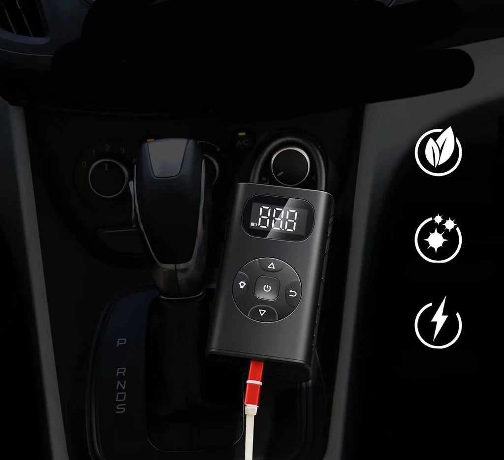 Black aviation aluminium portable tyre inflator with USB cable and flexible hose for car and motorcycle tyres.