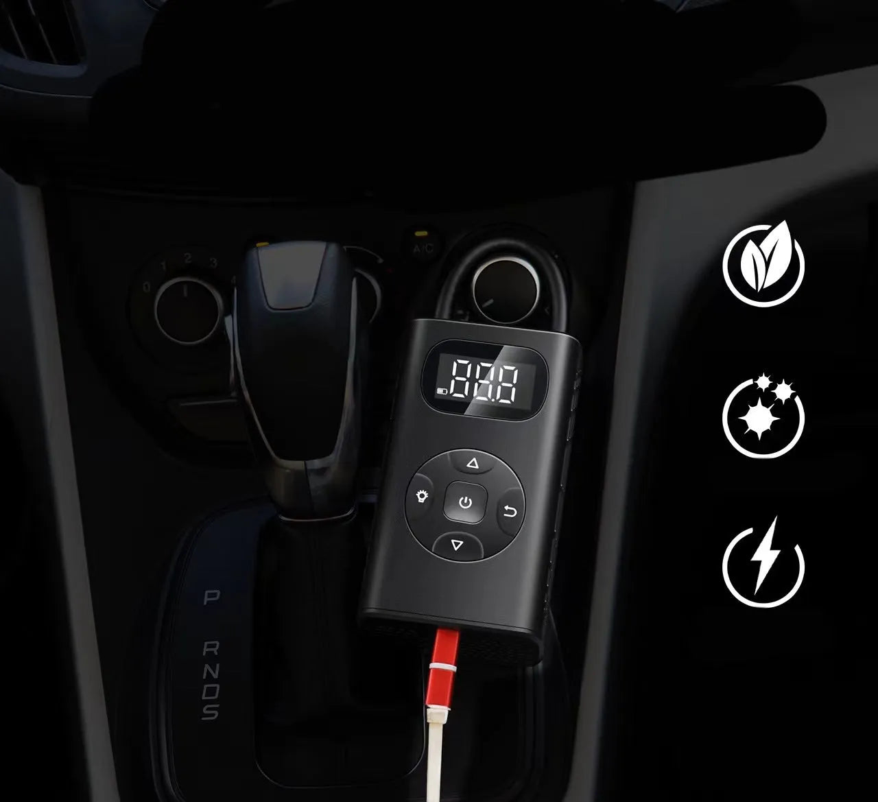 Black aviation aluminium portable tyre inflator with USB cable and flexible hose for car and motorcycle tyres.