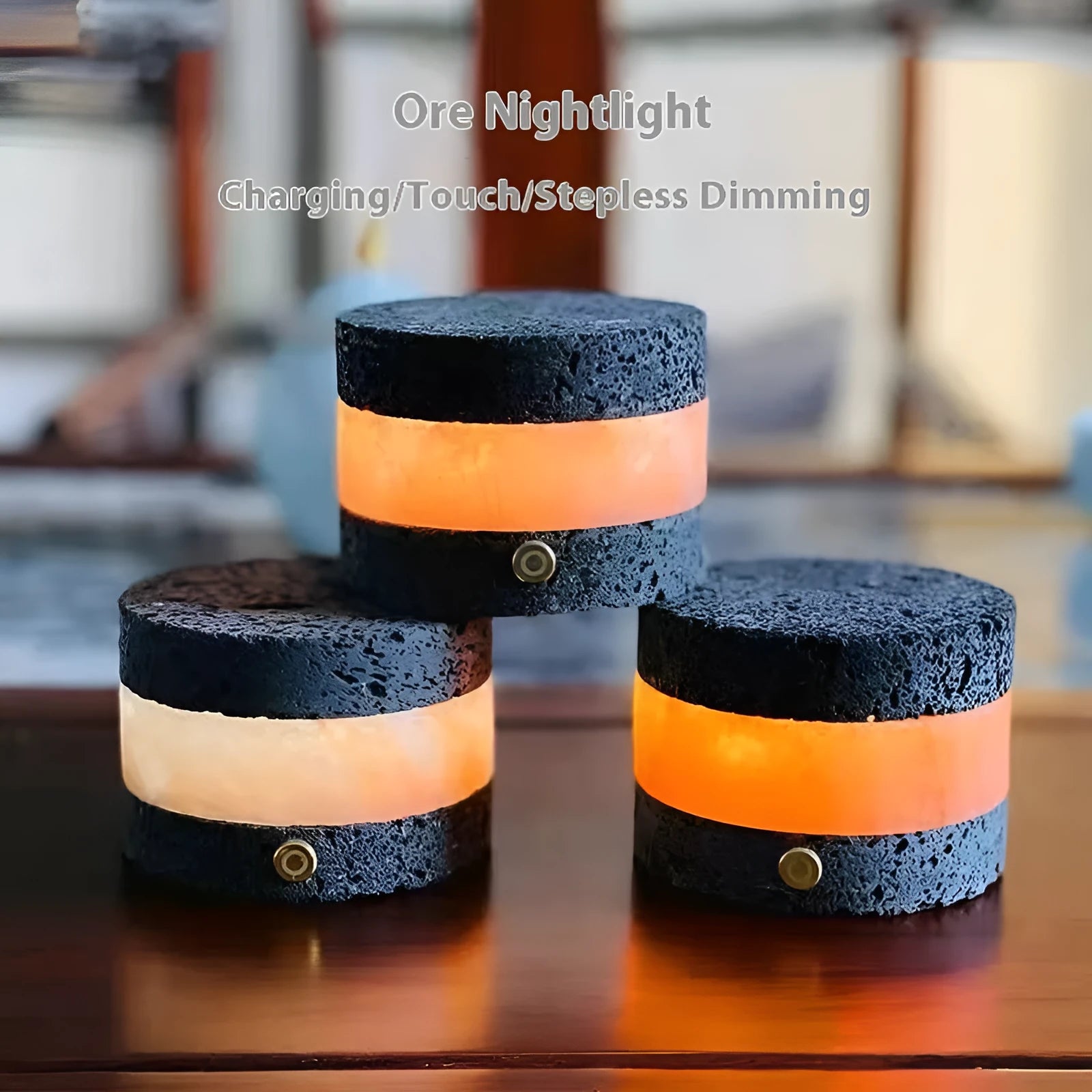 Volcanic rock touch night lamp with USB charging port and essential oil diffuser component