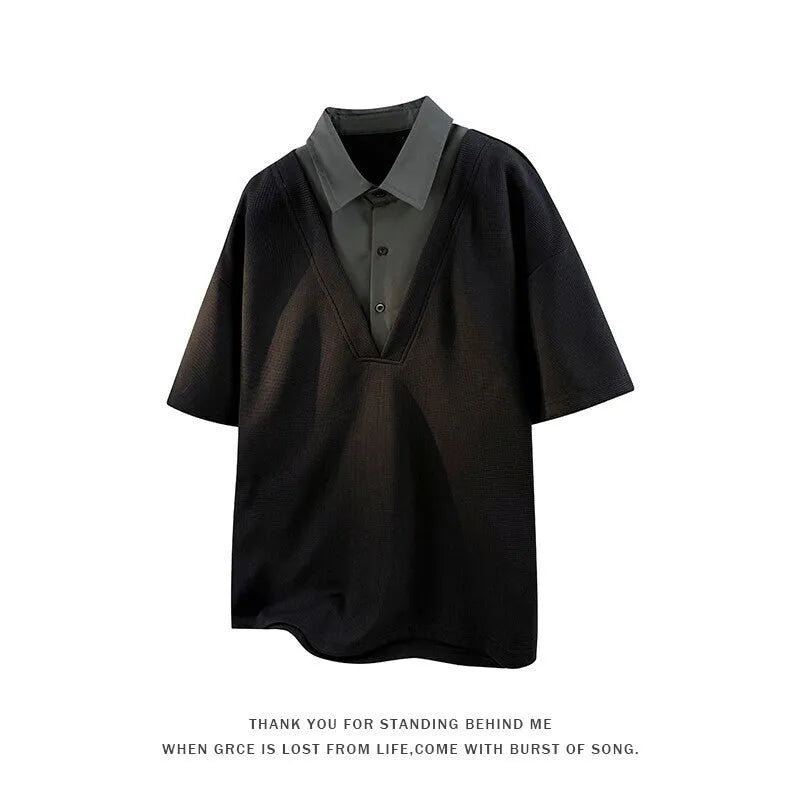 Men's black polo shirt sweater with henley collar and short sleeves, slim fit lightweight design