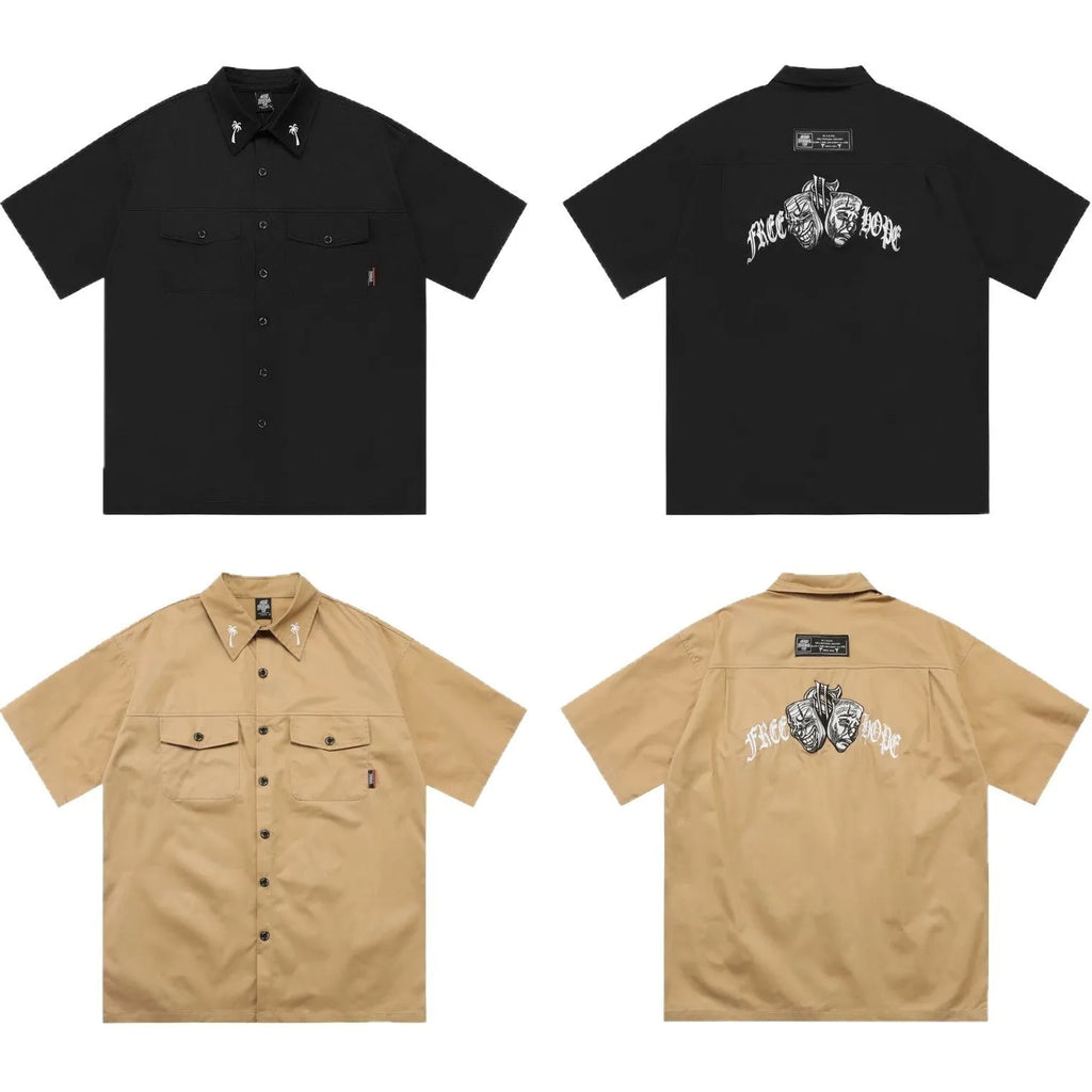 Men's black cotton blend half-sleeve shirt with a chest pocket and loose fit.