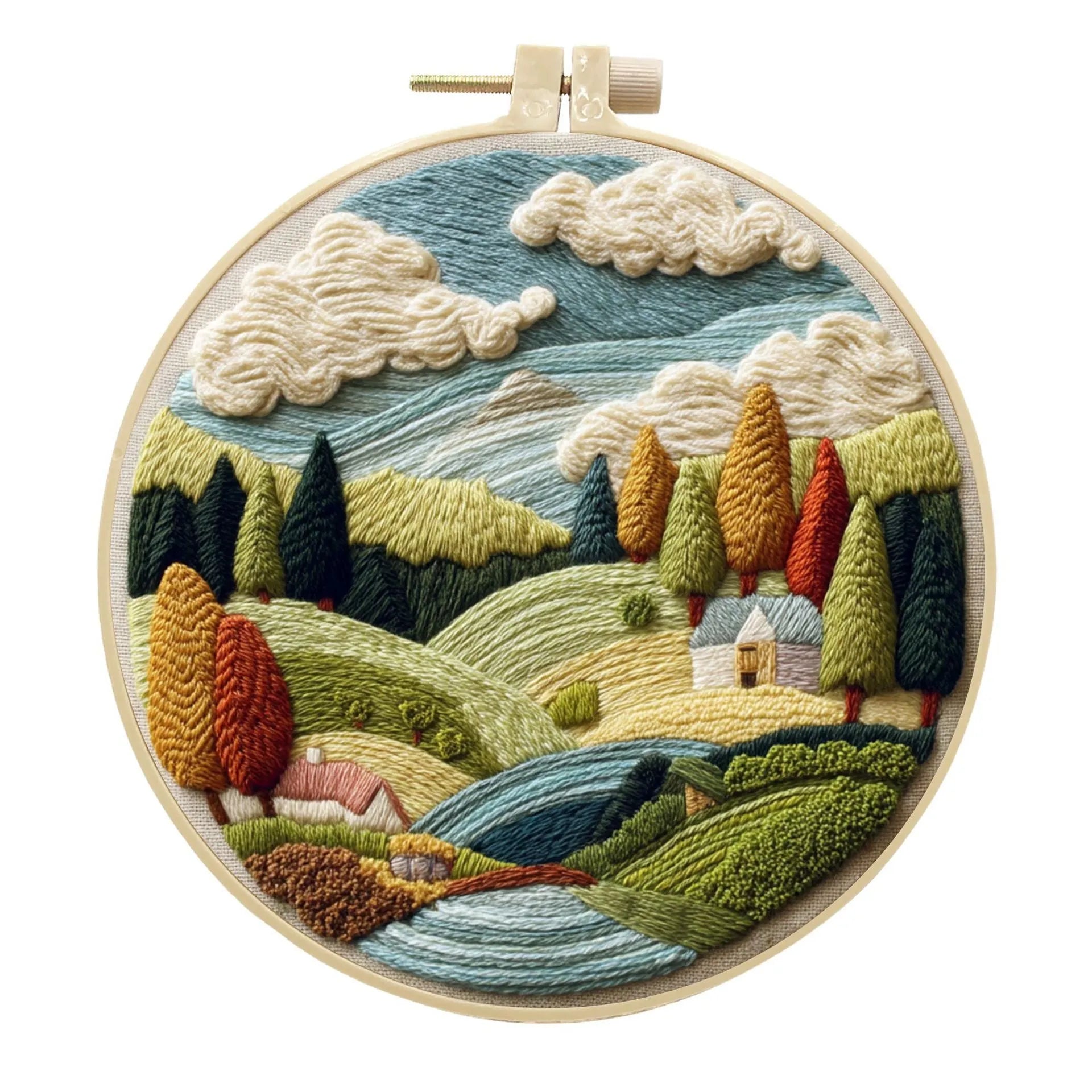 Landscape embroidery DIY kit with cotton linen fabric, 15cm imitation bamboo frame, and embroidery tools