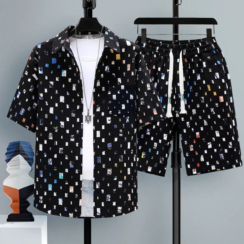 Men's casual sports two-piece set with short-sleeve top and matching shorts