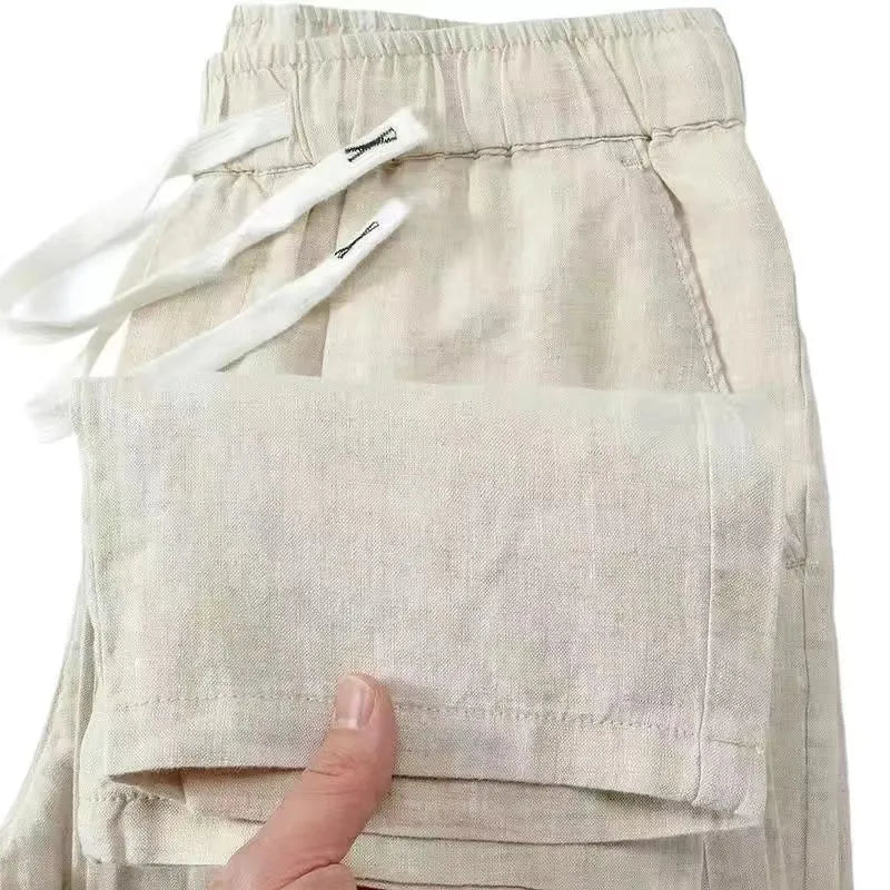 Pure linen Chinese style trousers with elastic drawstring waist in straight leg cut