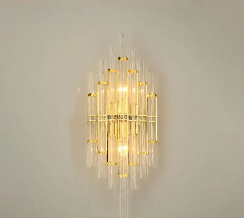 Modern petal-shaped crystal wall lamp with titanium finish in living room setting