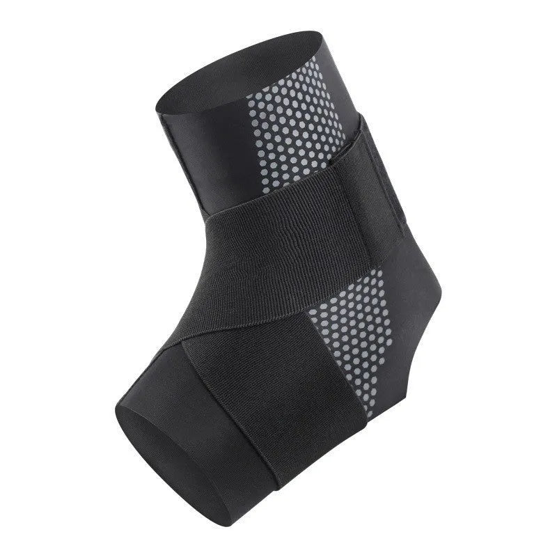 Fixed rehabilitation ankle support made of black Lycra cloth, shown on an adult ankle.