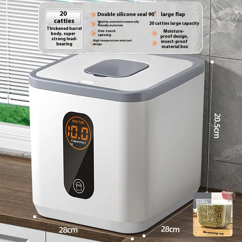 Grey plastic sealed rice storage jar with measuring cup in 10kg, 20kg, or 30kg capacity.