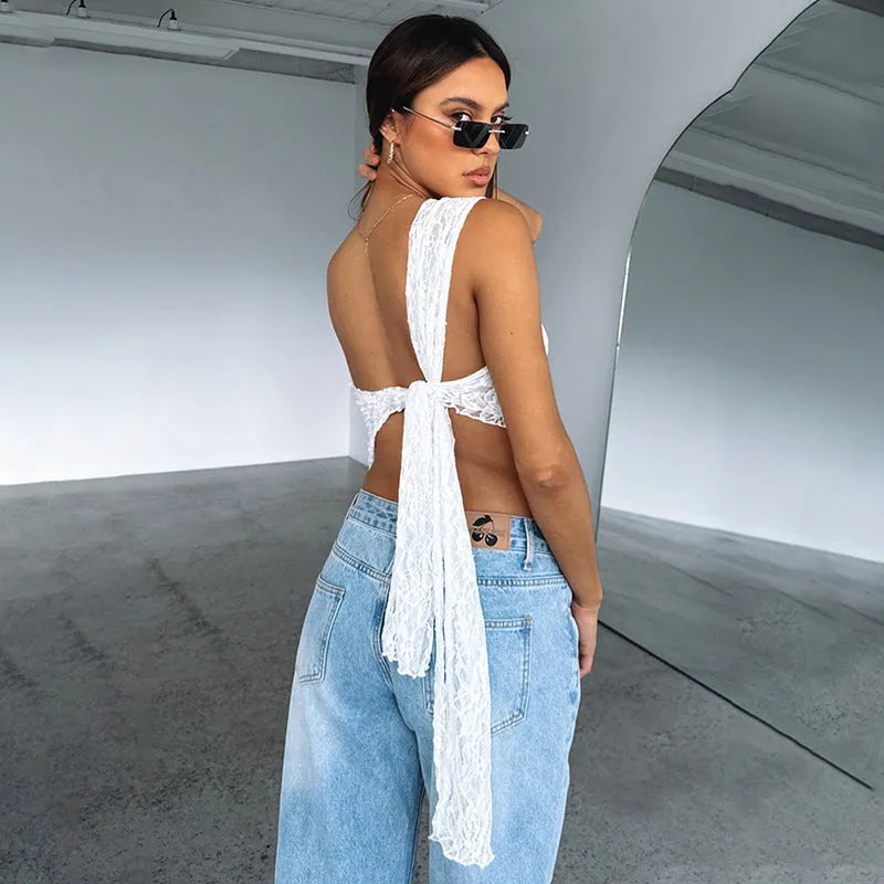 Women's lace backless top with asymmetrical neckline in polyester sleeveless vest street hipster style