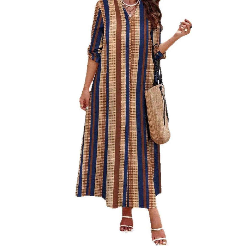 Camel coloured striped V-neck knitted long dress with A-line silhouette and long sleeves